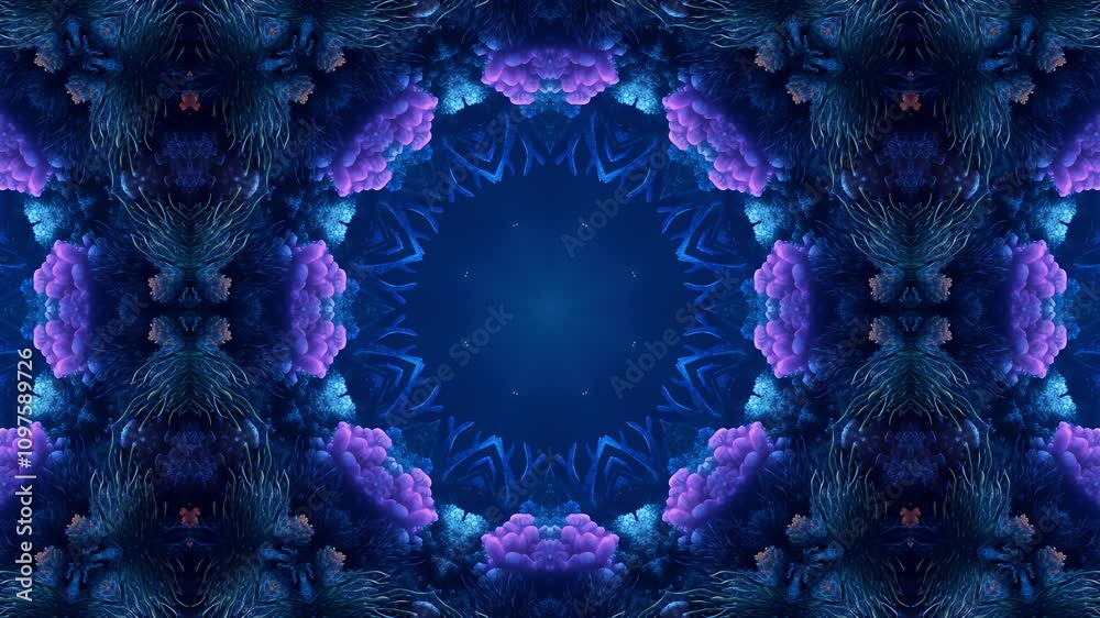 A symmetrical blue kaleidoscopic pattern with glowing elements and a starry background.