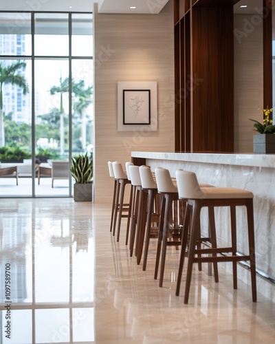 Modern lobby bar with white stools and marble counter.