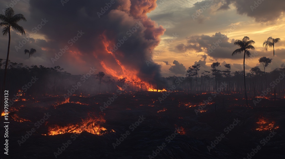 Spectacular Fiery Eruption with Thick Ash Clouds in Evening Jungle Landscape : Generative AI Spectacular Fiery Eruption with Thick Ash Clouds in Evening Jungle Landscape : Generative AI