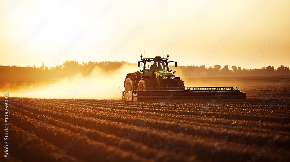 Fototapeta premium Powerful Agricultural Tractor Plowing Field at Dawn with Dust : Generative AI