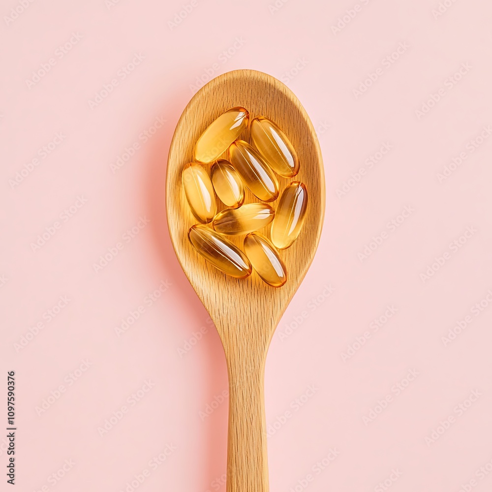 Yellow pills in wooden spoon on clean background. Top view with copy space Yellow pills in wooden spoon on clean background. Top view with copy space