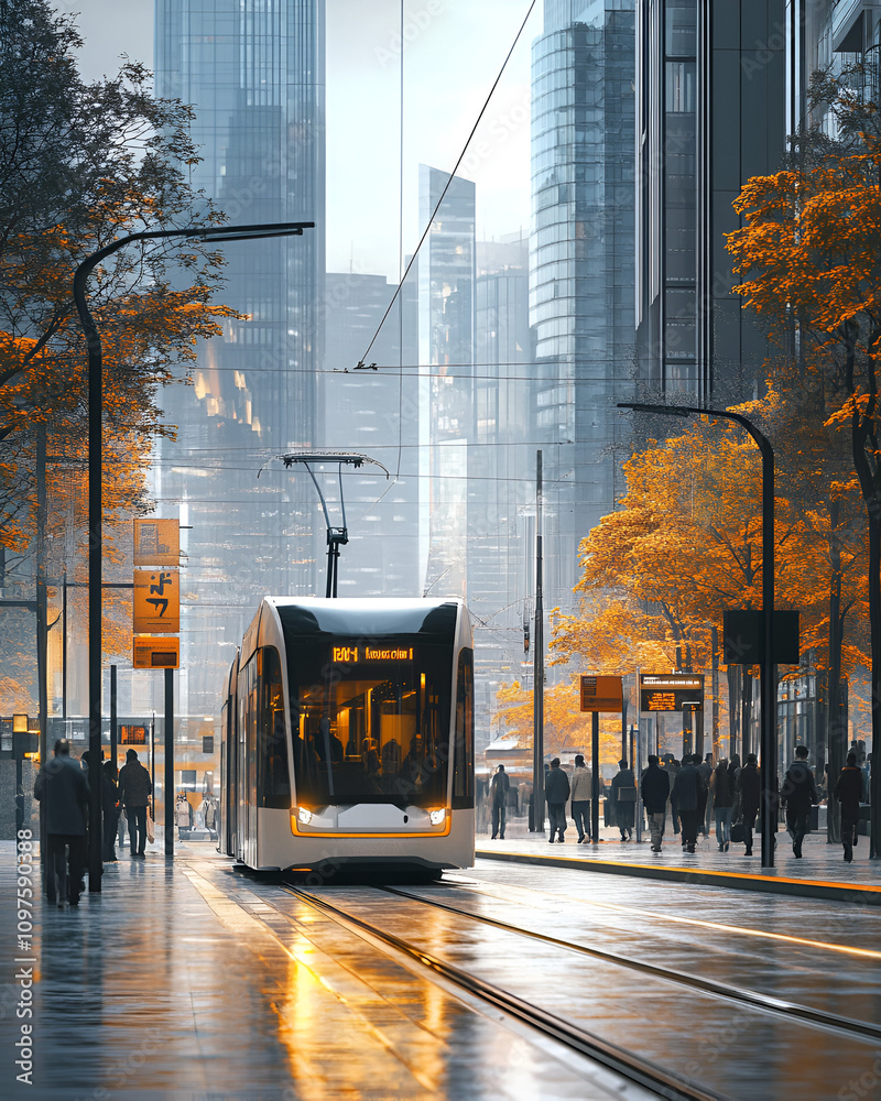 Obraz premium Downtown Professional Dynamic, Modern Tram Moving Through Skyscraper District