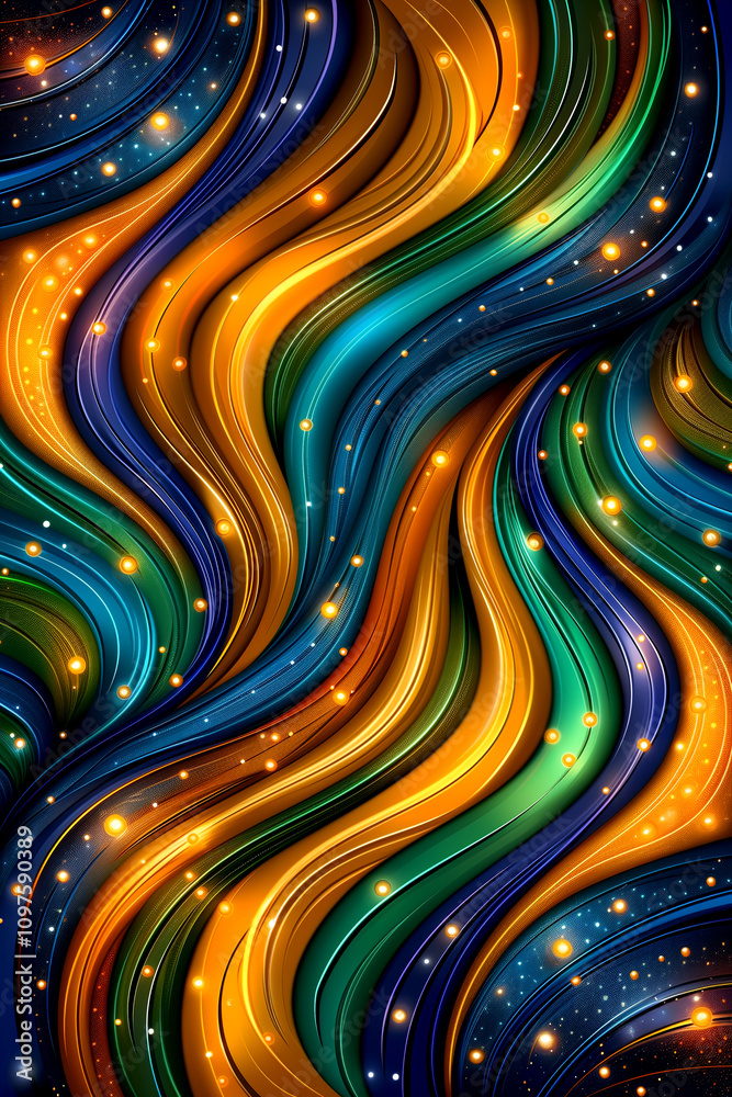 A colorful, abstract painting with a lot of gold and blue swirls A colorful, abstract painting with a lot of gold and blue swirls