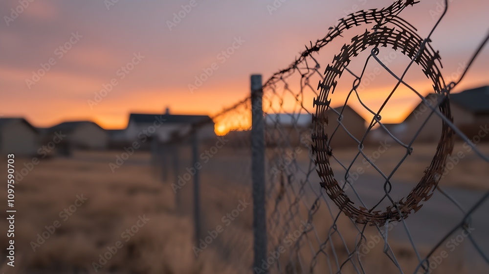 Closeup of Barbed Wire Fence with Rustic Homes at Sunset in the Countryside : Generative AI Closeup of Barbed Wire Fence with Rustic Homes at Sunset in the Countryside : Generative AI