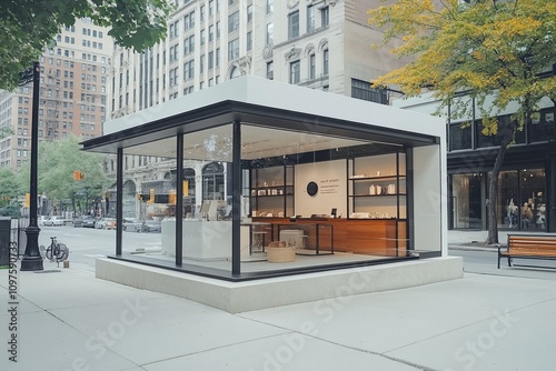 Modern minimalist pop-up shop on city street.