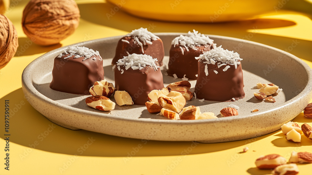 Five chocolate desserts topped with coconut flakes are arranged on a plate, surrounded by scattered almonds, creating a sweet and delightful visual treat.