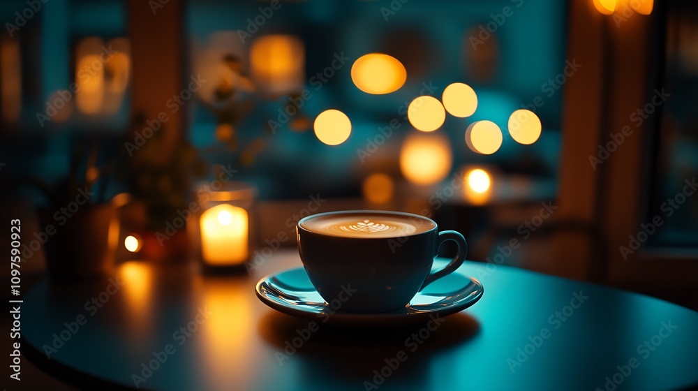 Ambient cafe setting with frothy cappuccino and delicate candle glow against blurred lights : Generative AI Ambient cafe setting with frothy cappuccino and delicate candle glow against blurred lights : Generative AI