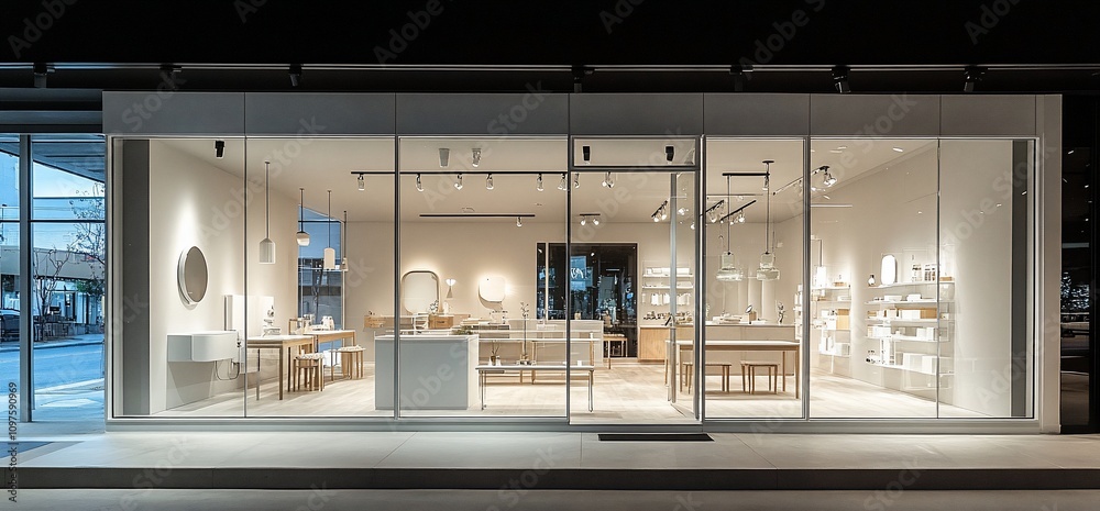 Modern minimalist store front at night, showcasing clean lines and bright interior lighting. Modern minimalist store front at night, showcasing clean lines and bright interior lighting.
