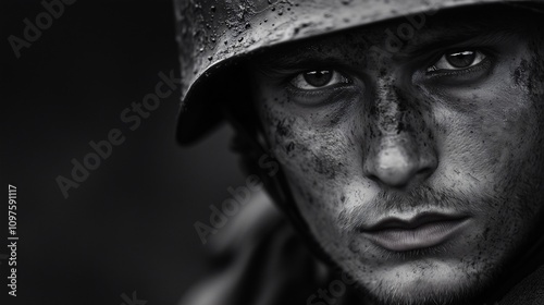 Close up Portrait Polish Soldier black and white