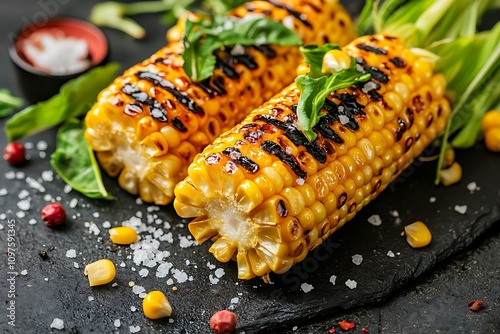 Grilled corn with spices and herbs on a black stone background. photo