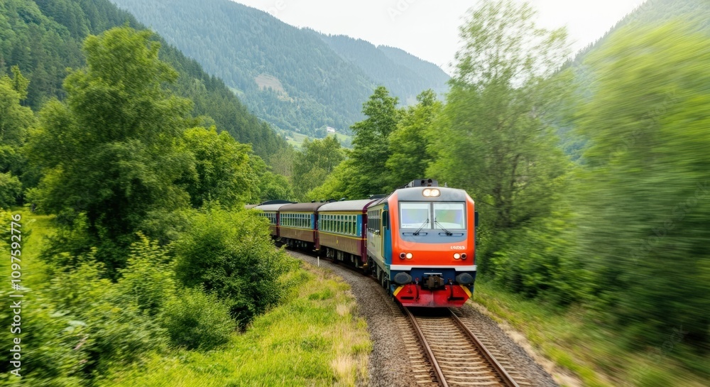 Fototapeta premium Scenic Train Journey Through Lush Green Mountains
