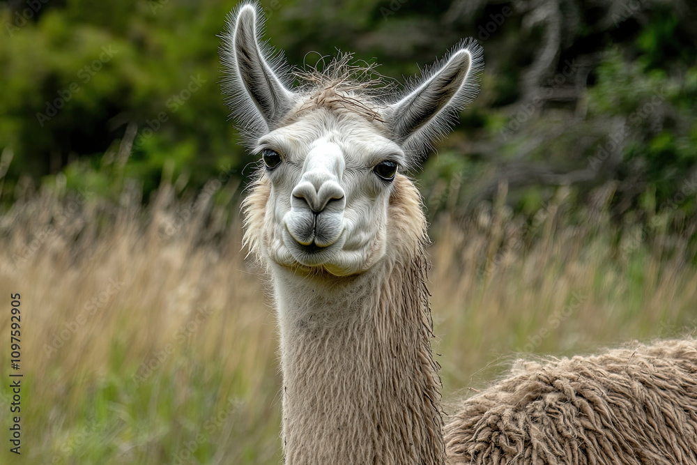 Llama standing in a paddock with a curious expression Llama standing in a paddock with a curious expression