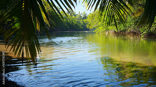 A tranquil riverbank, where the gentle breeze causes tropical leaves to cast mesmerizing shadows on the calm, reflective water.