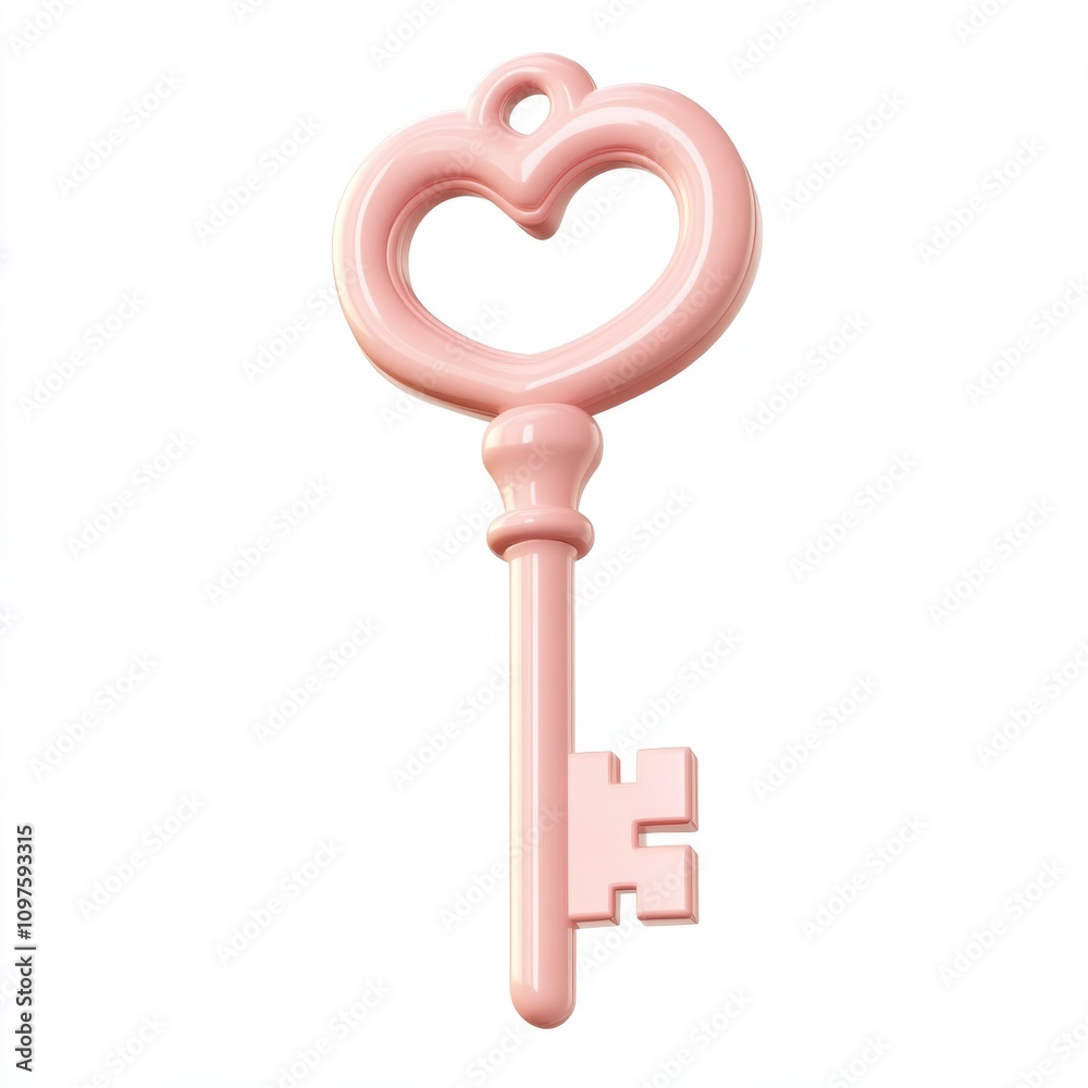 3d cute heart key, isolated on white background