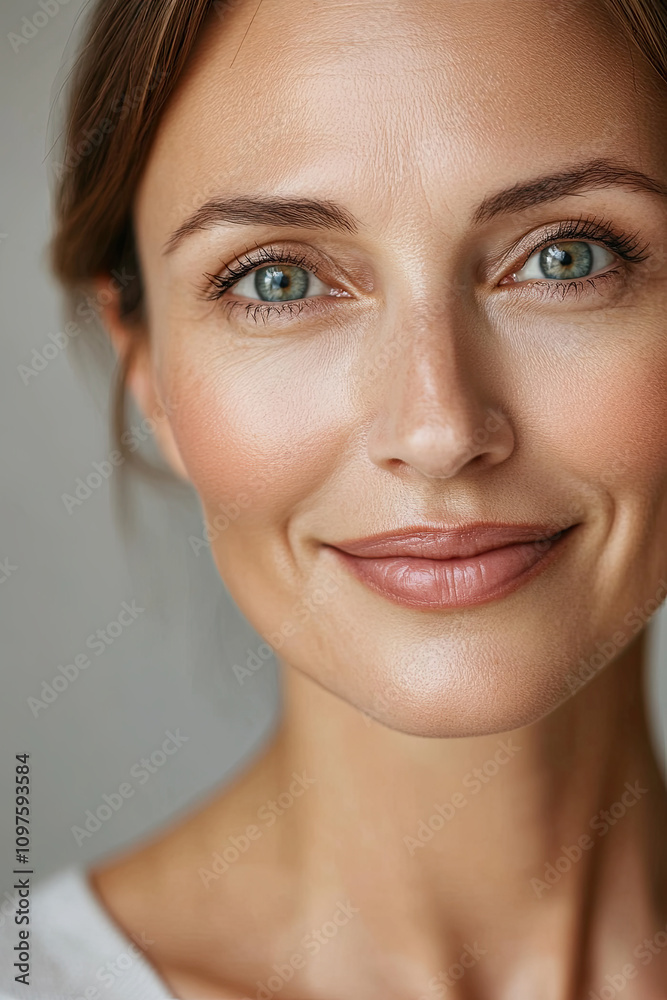 Smiling middle-aged woman with a subtle look, emphasizing full lips Smiling middle-aged woman with a subtle look, emphasizing full lips