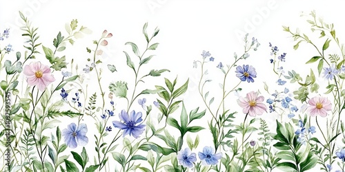 Watercolor Floral Illustration with Green Leaves and Delicate Blossoms for Botanical Art and Design