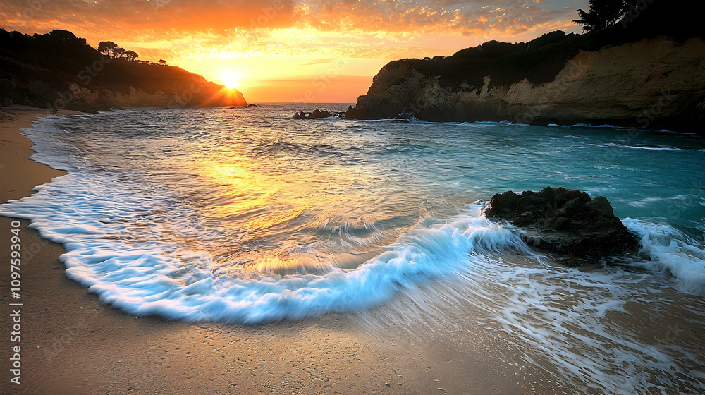 Obraz premium Sunset Over Sandy Beach with Clear Turquoise Waves