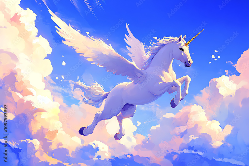 A majestic winged unicorn soaring through a vibrant sky filled with fluffy clouds. A majestic winged unicorn soaring through a vibrant sky filled with fluffy clouds.