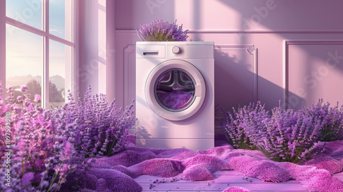 Washing machine with lavender flowers inside. photo