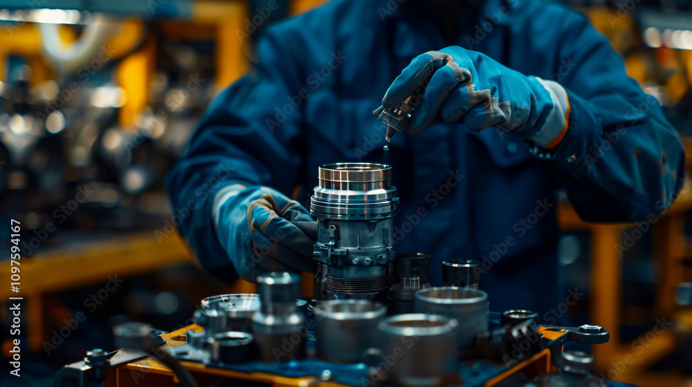 A car mechanic holding a new piston for an engine overhaul, with the engine on a repair stand, exemplifying the detailed work involved in automotive technology. A car mechanic holding a new piston for an engine overhaul, with the engine on a repair stand, exemplifying the detailed work involved in automotive technology.