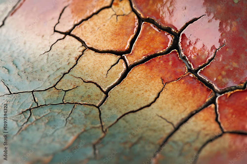 Fototapeta premium Textured surface showing vibrant colors and cracked patterns in a natural setting at sunset
