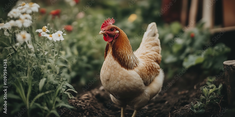 Fototapeta premium Brown Hen Exploring Garden Among Blooming Flowers in Rural Homestead Setting : Generative AI