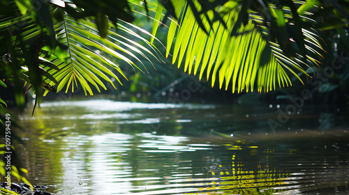 A tranquil riverbank, where the gentle breeze causes tropical leaves to cast mesmerizing shadows on the calm, reflective water.