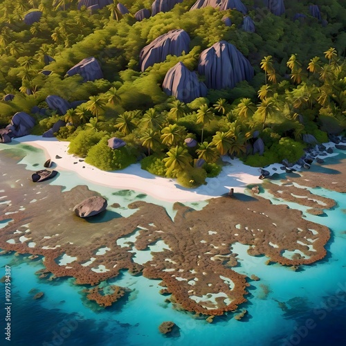 A tropical island with lush greenery rocky formations a pristine white sand beach and a vibrant coral reef in the crystal clear turquoise water photo