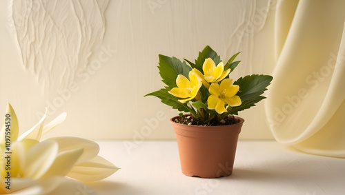 Photo of Primrose flower in pot isolated on white background,Photo of Primula flower in pot isolated on white background,lower pot on a office desk, succulent cactus vase, 