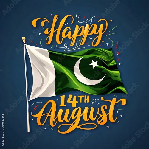Pakistan's independence day on august 14th with a waving flag and festive lettering