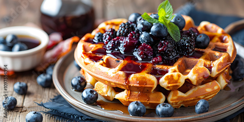 Blueberry waffles with compote, fresh blueberries, and bacon on rustic table with syrup