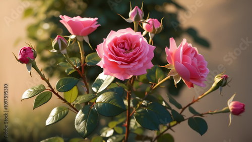 pink rose flower with bokeh flower garden background ,Pink roses beautifully displayed with a soft green blurred bokeh background ideal for a copy space image,Pink Rose in Bloom