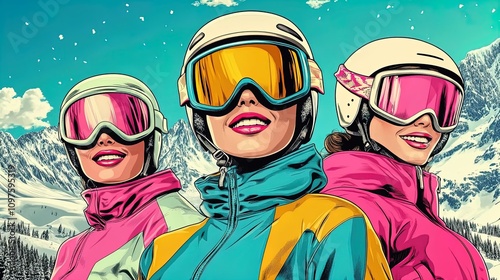 Vibrant Ski Adventure: Trio in Insulated Gear Against Snowy Mountains - Perfect Poster for Sports Interior Decor and Inspiring Outdoor Enthusiasm!