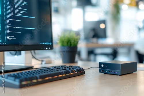 Modern workspace with mini PC, keyboard, monitor displaying code.