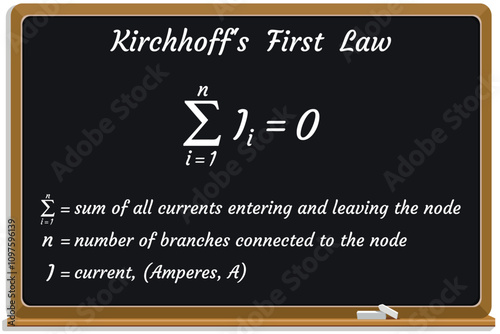 Kirchhoff's First Law on a black chalkboard. Education. Science. Formula. Vector illustration.