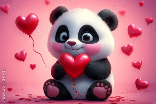 Fluffy Baby Panda Holding Heart Balloon Cute Illustration for Valentine Day Background