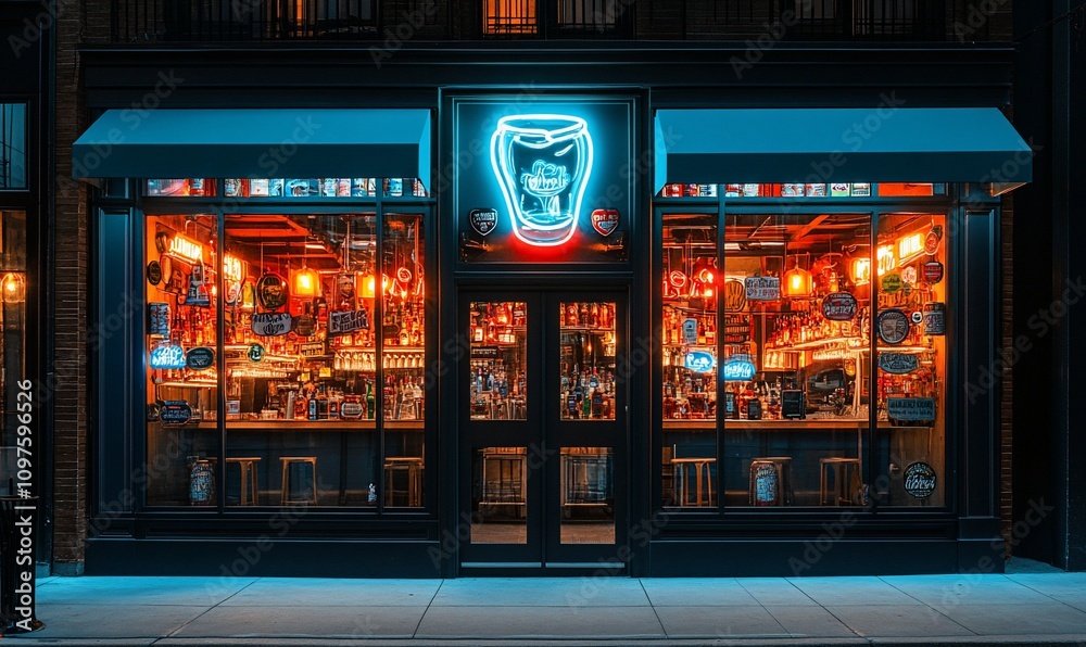 Night view of a brightly lit bar storefront with neon sign. Night view of a brightly lit bar storefront with neon sign.