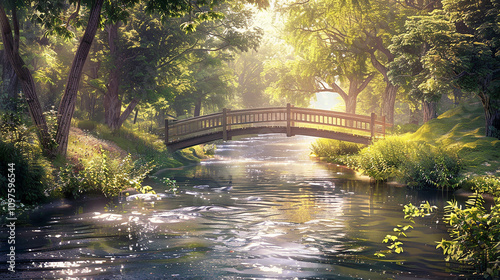 A tranquil riverside scene, with a lazy river winding through lush greenery, a quaint wooden bridge spanning its banks, and sunlight dappling the water's surface.