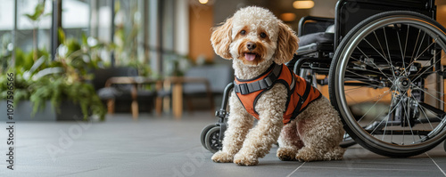 therapy dog, hyperrealistic poodle, sits beside wheelchair in modern setting, radiating warmth and companionship. This scene highlights bond between animals and humans