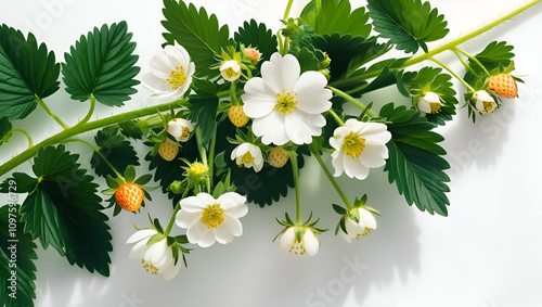 strawberry leaves and flowerson white backgroundstrawberry plant, leaves and flowers on white background,Strawberry Plant White Flowers Blossom
 photo