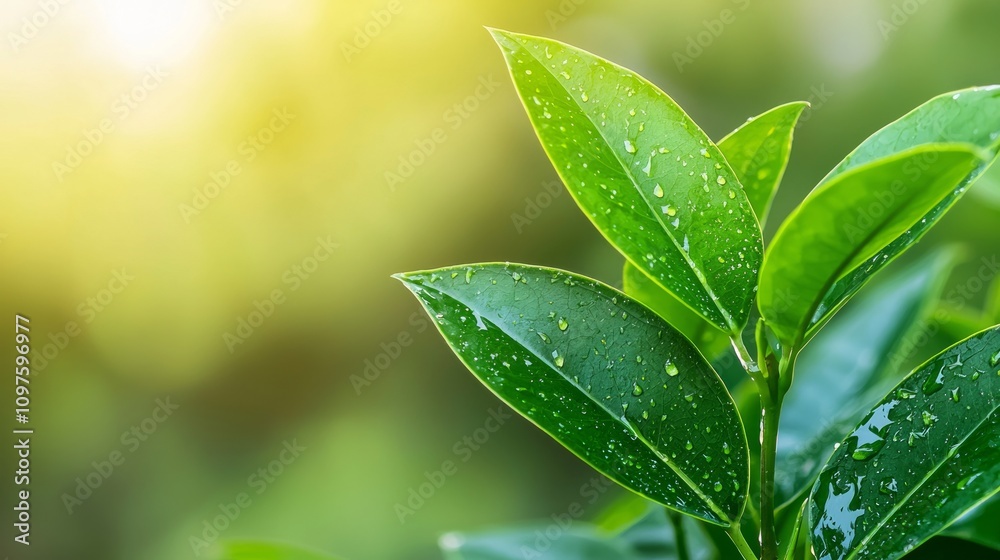 Close-up of fresh green leaves with droplets of water, showcasing nature's beauty and tranquility. Close-up of fresh green leaves with droplets of water, showcasing nature's beauty and tranquility.