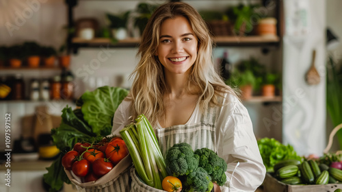 Cheerful Caucasian woman holding a shopping bag filled with fresh fruits and vegetables at home