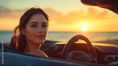 young woman sits in a convertible car, enjoying a sunset by the sea. Warm tones and serene expression capture the spirit of freedom and tranquility. Woman Driving Convertible at Sunset by the Sea photo