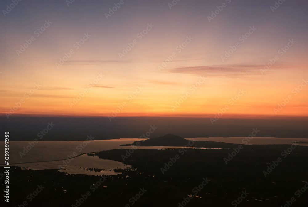 Natural mountain view, orange light of the morning sun