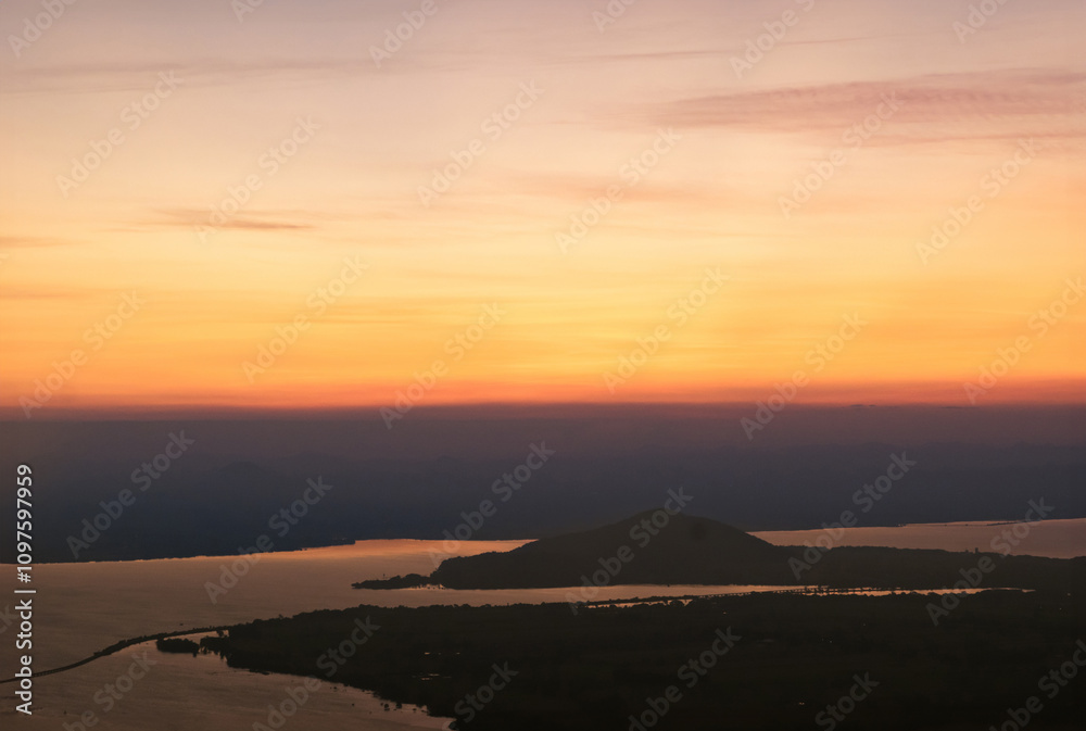 Natural mountain view, orange light of the morning sun