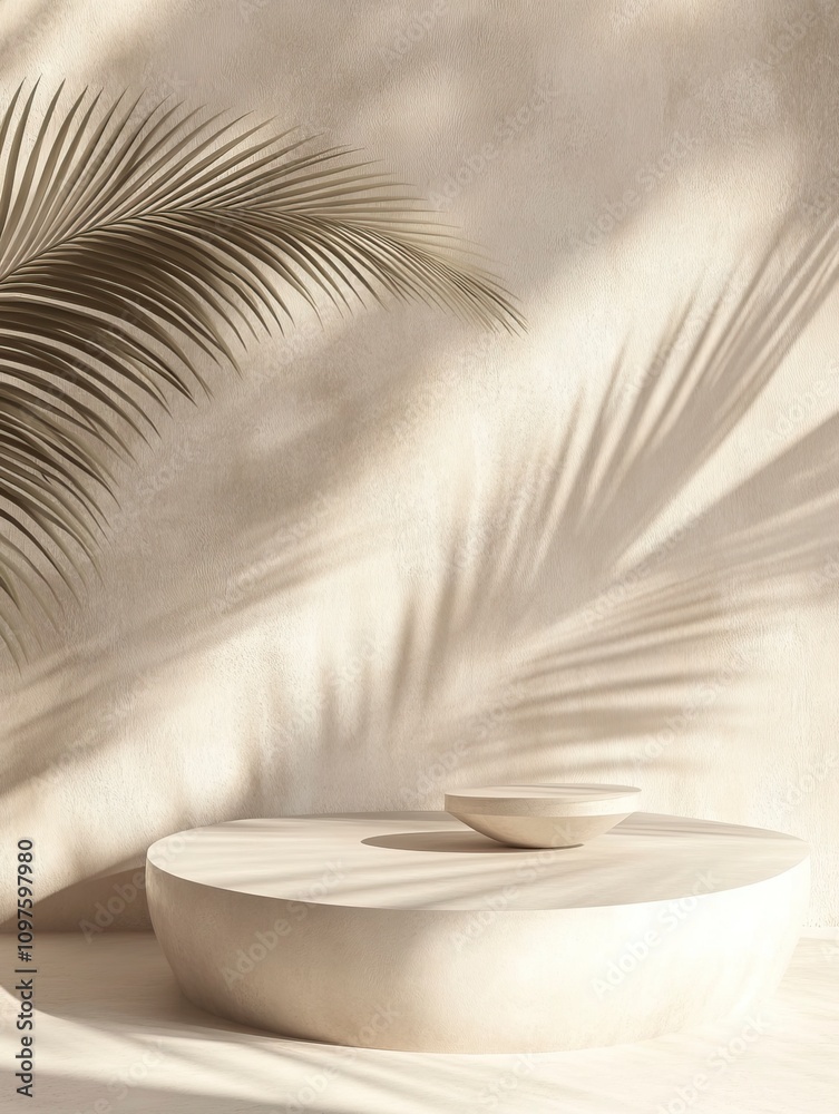 Minimal product placement background with palm shadow on plaster wall. Luxury summer architecture interior aesthetic. Creative product platform stage mockup. Minimal product placement background with palm shadow on plaster wall. Luxury summer architecture interior aesthetic. Creative product platform stage mockup.