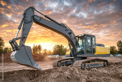 Excavator working at a construction site during a breathtaking sunset with vibrant colors illuminating the sky and surrounding landscape photo