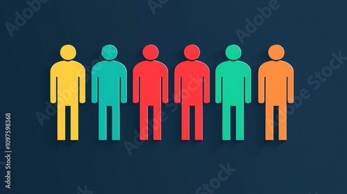 A simple illustration of six stylized human figures in various colors, standing in a row against a dark background.