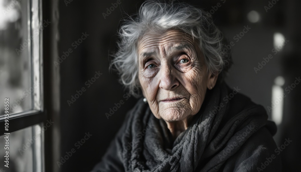 A Portrait of Resilience: An Elderly Woman's Gaze Reflecting Years of Life, Strength, and Wisdom Near a Window A Portrait of Resilience: An Elderly Woman's Gaze Reflecting Years of Life, Strength, and Wisdom Near a Window