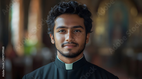 Portrait of a serene young priest in clerical attire, standing in a softly lit church interior. The ambiance reflects spirituality and dedication.